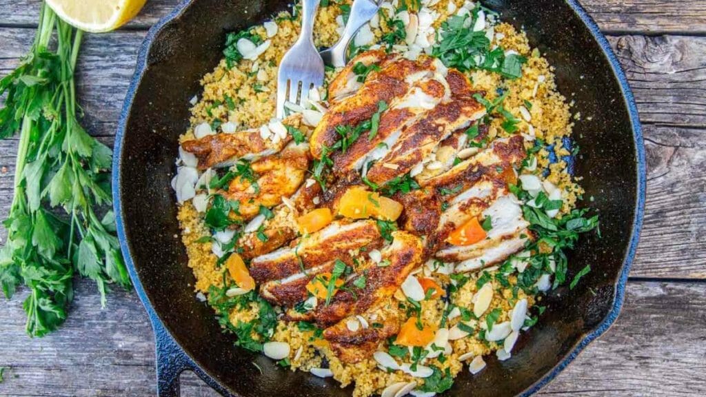 Fiery Spiced Chicken And Raisin Pearl Couscous Recipe - feastfulcuisine.com